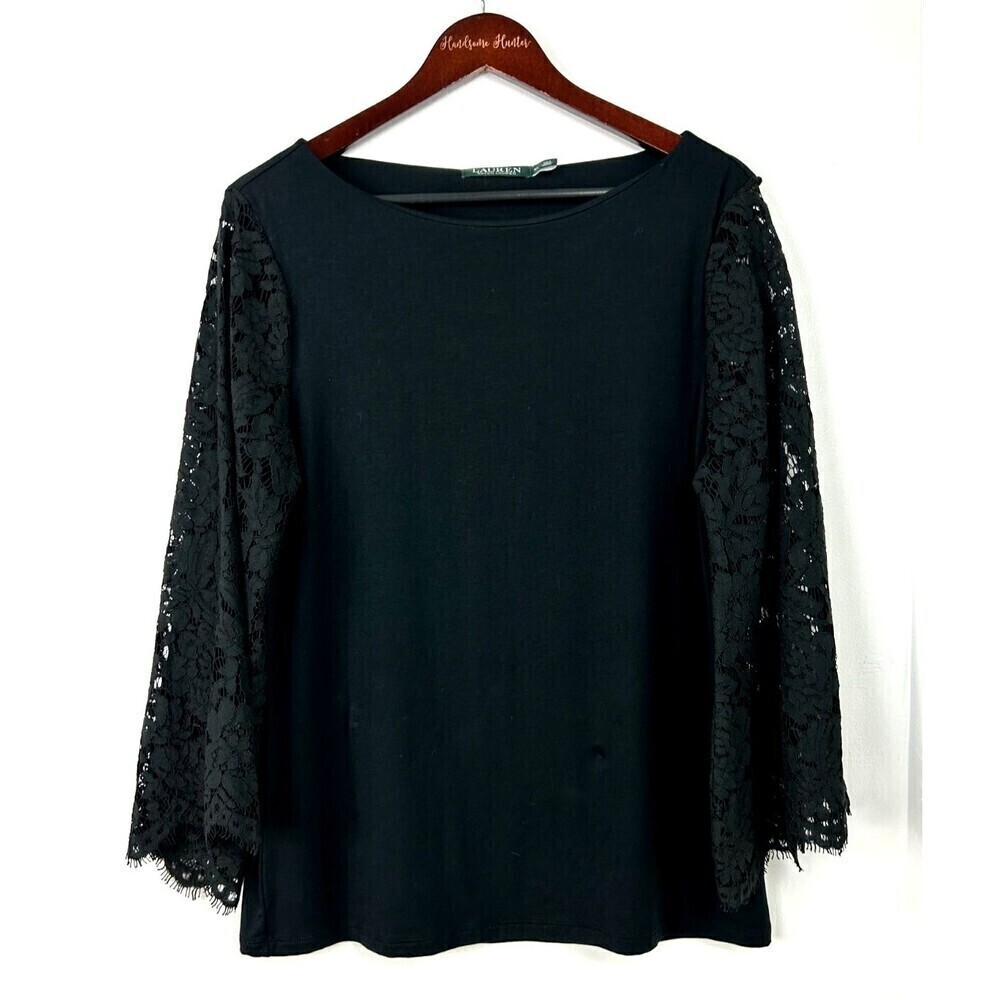 Lauren Ralph Lauren Women XL Blouse Black Lace Bell Sleeve Fairycore Whimsigoth - Picture 2 of 12